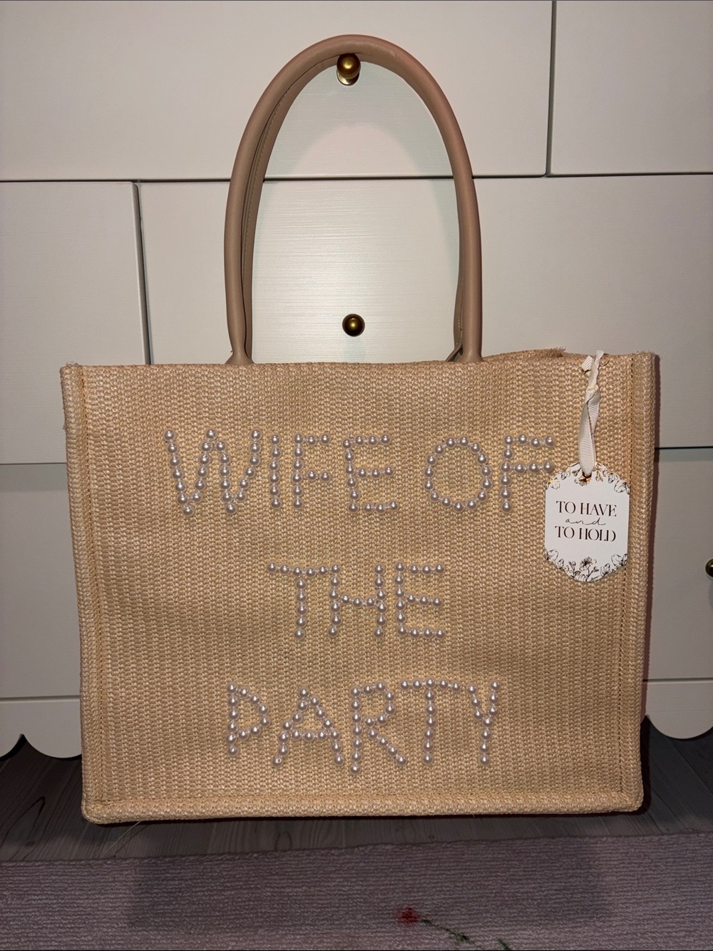 Wife of the Party Beige Pearl-Accent Tote